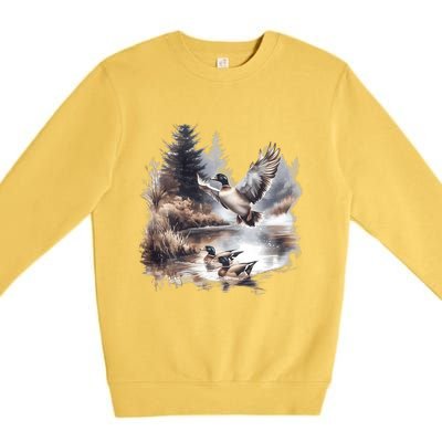 Retro Mallard Ducks Fall Pond Scene Premium Crewneck Sweatshirt