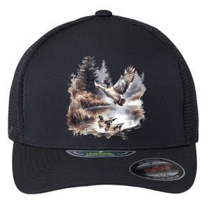 Retro Mallard Ducks Fall Pond Scene Flexfit Unipanel Trucker Cap