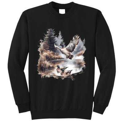 Retro Mallard Ducks Fall Pond Scene Sweatshirt