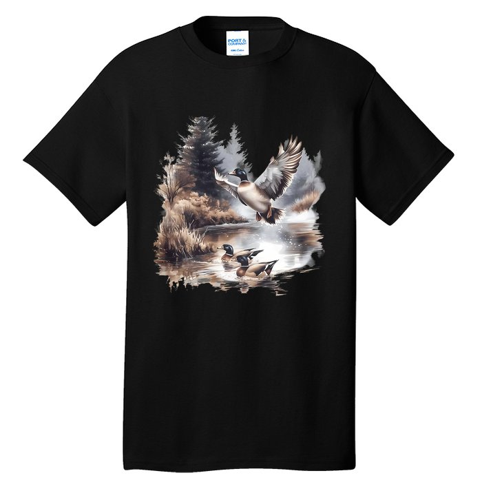 Retro Mallard Ducks Fall Pond Scene Tall T-Shirt