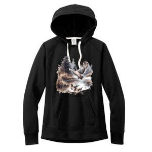 Retro Mallard Ducks Fall Pond Scene Women's Fleece Hoodie