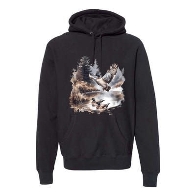 Retro Mallard Ducks Fall Pond Scene Premium Hoodie