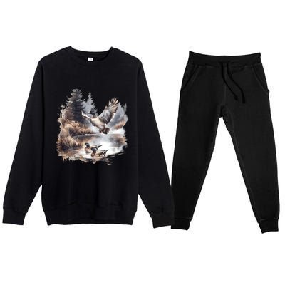 Retro Mallard Ducks Fall Pond Scene Premium Crewneck Sweatsuit Set