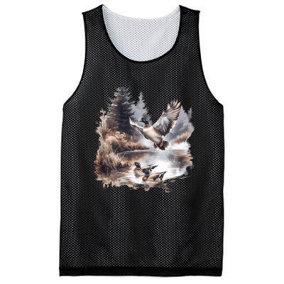 Retro Mallard Ducks Fall Pond Scene Mesh Reversible Basketball Jersey Tank