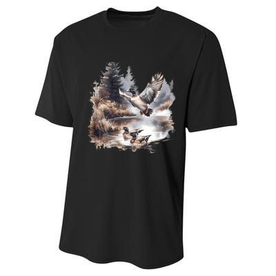 Retro Mallard Ducks Fall Pond Scene Performance Sprint T-Shirt