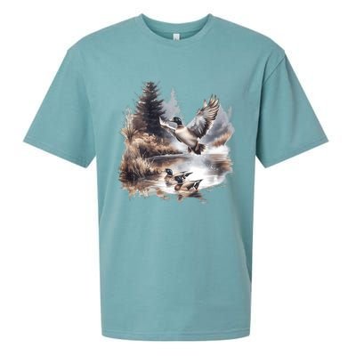 Retro Mallard Ducks Fall Pond Scene Sueded Cloud Jersey T-Shirt