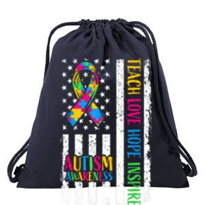 Ribbon Mom Dad American Flag Autism Teach Love Hope Inspire Gift Drawstring Bag