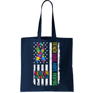 Ribbon Mom Dad American Flag Autism Teach Love Hope Inspire Gift Tote Bag