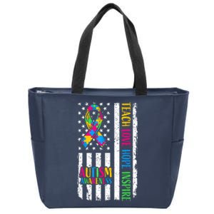 Ribbon Mom Dad American Flag Autism Teach Love Hope Inspire Gift Zip Tote Bag