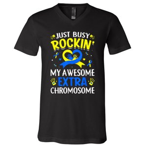 Rocking My Extra Chromosome World Down Syndrome Awareness V-Neck T-Shirt