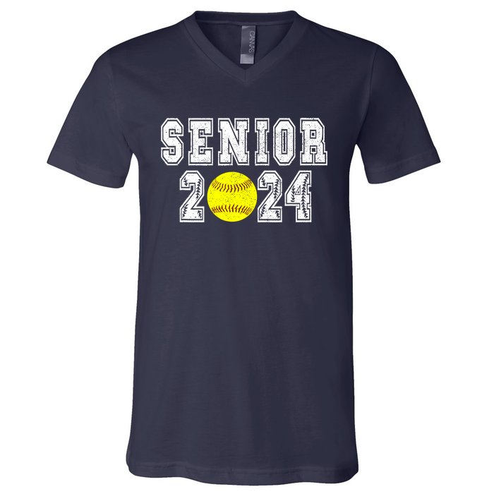 Retro Matching Family Softball Class Of 2024 Dad V-Neck T-Shirt