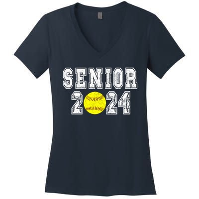 Retro Matching Family Softball Class Of 2024 Dad Women's V-Neck T-Shirt