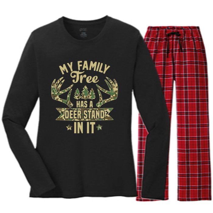 retro My Family Tree Has A Deer Stand In It  Camo Hunting  Women's Long Sleeve Flannel Pajama Set 