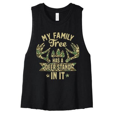 retro My Family Tree Has A Deer Stand In It  Camo Hunting  Women's Racerback Cropped Tank