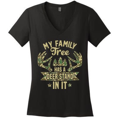 retro My Family Tree Has A Deer Stand In It  Camo Hunting  Women's V-Neck T-Shirt