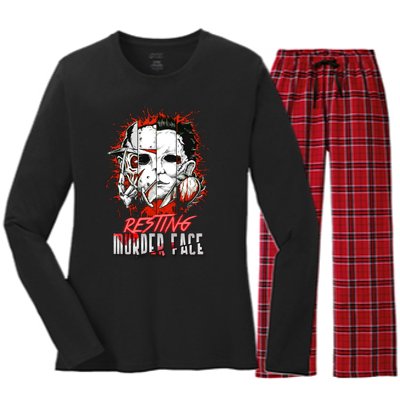 Resting Murder Face Scary Horror Character Halloween Costume Women's Long Sleeve Flannel Pajama Set 