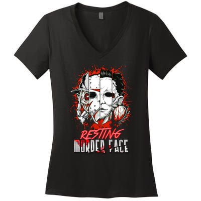 Resting Murder Face Scary Horror Character Halloween Costume Women's V-Neck T-Shirt