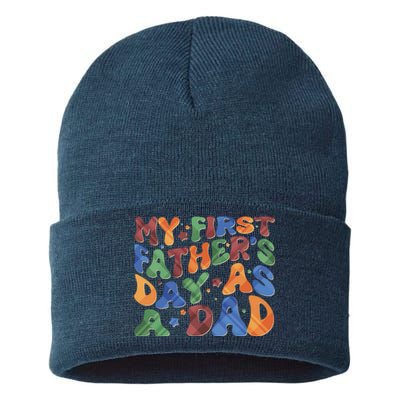 Retro My First Fathers Day As A Dad Sustainable Knit Beanie