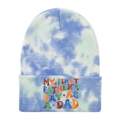 Retro My First Fathers Day As A Dad Tie Dye 12in Knit Beanie