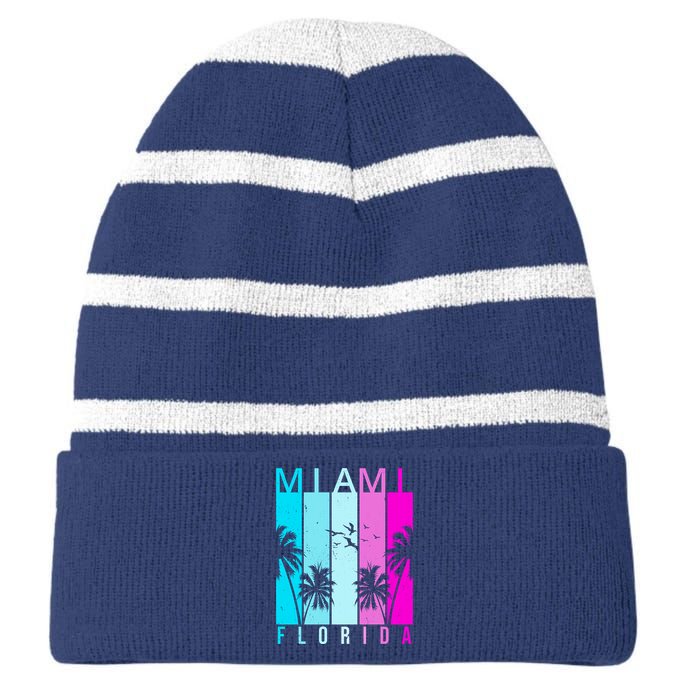 Retro Miami Florida Summer Neon Colors Striped Beanie with Solid Band