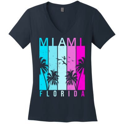 Retro Miami Florida Summer Neon Colors Women's V-Neck T-Shirt