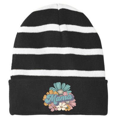 Retro Mama Floral Vintage Mom Flower Striped Beanie with Solid Band