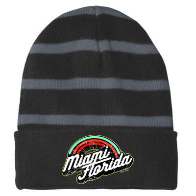 Retro Miami Florida Logo Sun Bae Striped Beanie with Solid Band