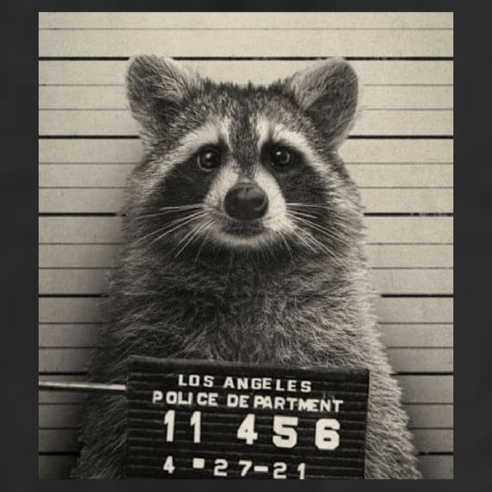 Raccoon Mugshot Funny Parody 7 Panel Mesh Trucker Snapback Hat