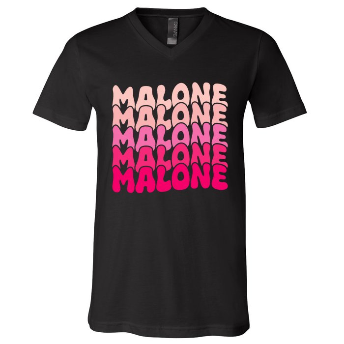 Retro Malone Girl First Name Boy Personalized Groovy 80S V-Neck T-Shirt