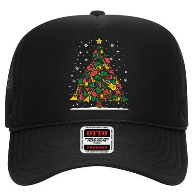 Rock Music Guitar Christmas Tree Rock And Roll Xmas Long Sleeve High Crown Mesh Back Trucker Hat