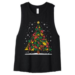 Rock Music Guitar Christmas Tree Rock And Roll Xmas Long Sleeve Women's Racerback Cropped Tank