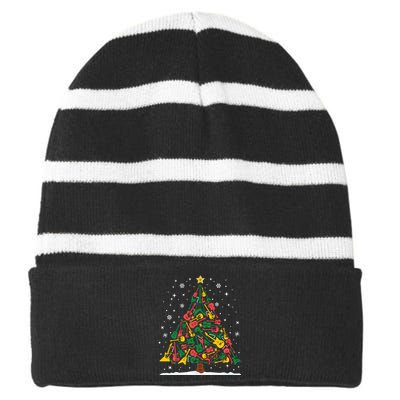 Rock Music Guitar Christmas Tree Rock And Roll Xmas Long Sleeve Striped Beanie with Solid Band