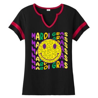 Retro Mardi Gras Leopard Smiley Face Fat Tuesday Celebration Gift Ladies Halftime Notch Neck Tee