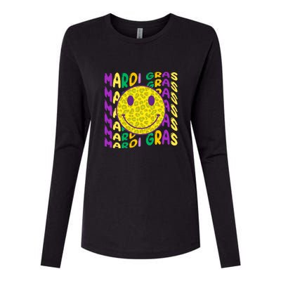 Retro Mardi Gras Leopard Smiley Face Fat Tuesday Celebration Gift Womens Cotton Relaxed Long Sleeve T-Shirt