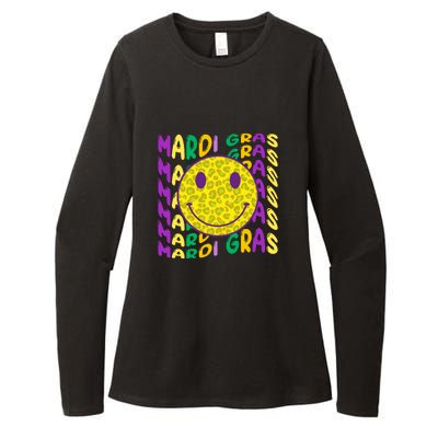 Retro Mardi Gras Leopard Smiley Face Fat Tuesday Celebration Gift Womens CVC Long Sleeve Shirt