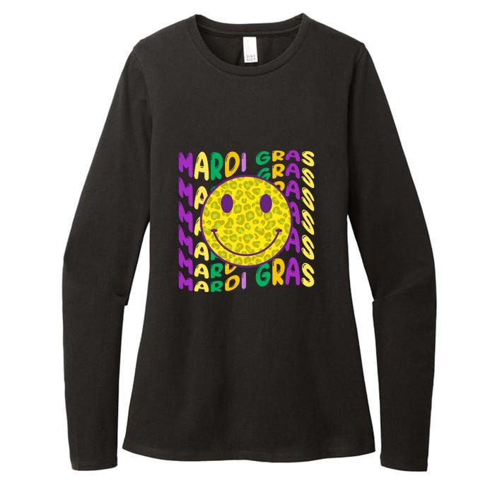 Retro Mardi Gras Leopard Smiley Face Fat Tuesday Celebration Gift Womens CVC Long Sleeve Shirt