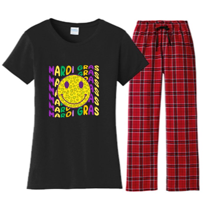 Retro Mardi Gras Leopard Smiley Face Fat Tuesday Celebration Gift Women's Flannel Pajama Set