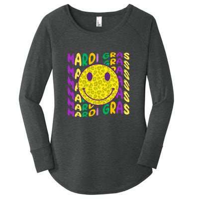 Retro Mardi Gras Leopard Smiley Face Fat Tuesday Celebration Gift Women's Perfect Tri Tunic Long Sleeve Shirt