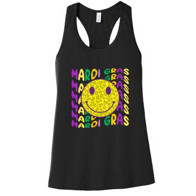 Retro Mardi Gras Leopard Smiley Face Fat Tuesday Celebration Gift Women's Racerback Tank