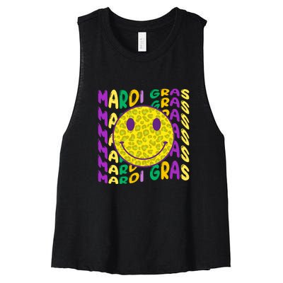 Retro Mardi Gras Leopard Smiley Face Fat Tuesday Celebration Gift Women's Racerback Cropped Tank