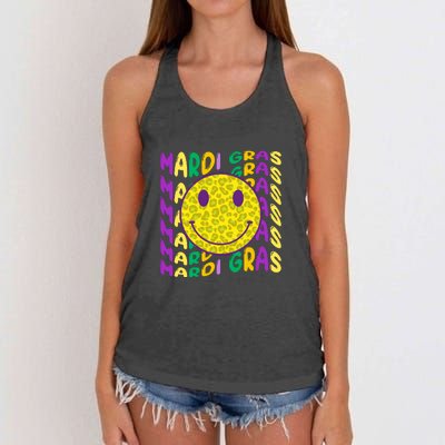 Retro Mardi Gras Leopard Smiley Face Fat Tuesday Celebration Gift Women's Knotted Racerback Tank