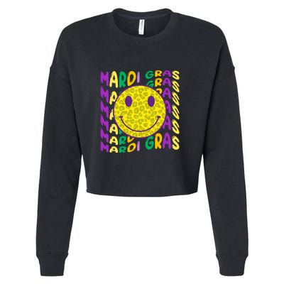 Retro Mardi Gras Leopard Smiley Face Fat Tuesday Celebration Gift Cropped Pullover Crew