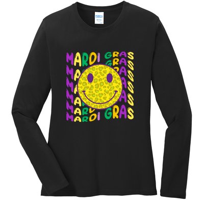 Retro Mardi Gras Leopard Smiley Face Fat Tuesday Celebration Gift Ladies Long Sleeve Shirt