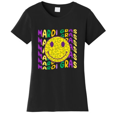 Retro Mardi Gras Leopard Smiley Face Fat Tuesday Celebration Gift Women's T-Shirt