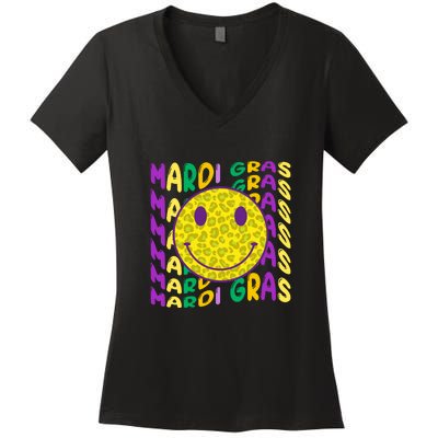 Retro Mardi Gras Leopard Smiley Face Fat Tuesday Celebration Gift Women's V-Neck T-Shirt