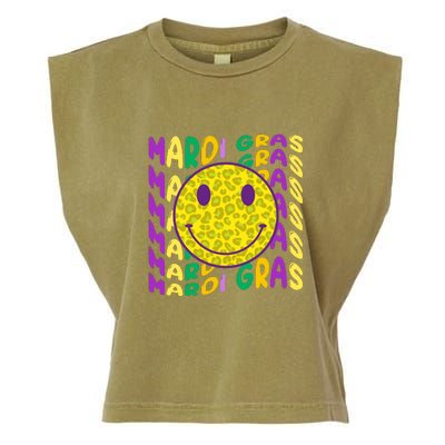 Retro Mardi Gras Leopard Smiley Face Fat Tuesday Celebration Gift Garment-Dyed Women's Muscle Tee