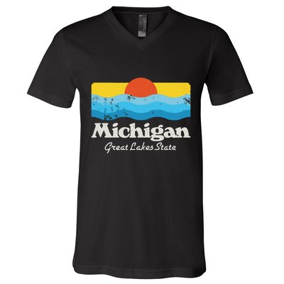 Retro Michigan Great Lakes State V-Neck T-Shirt
