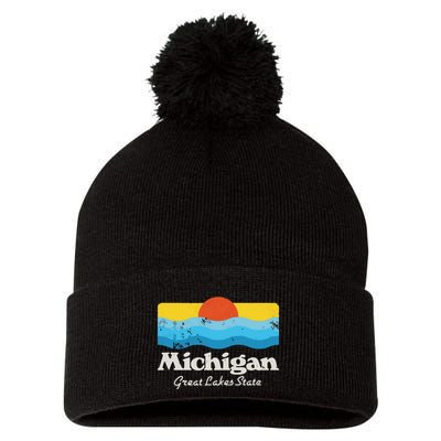 Retro Michigan Great Lakes State Pom Pom 12in Knit Beanie