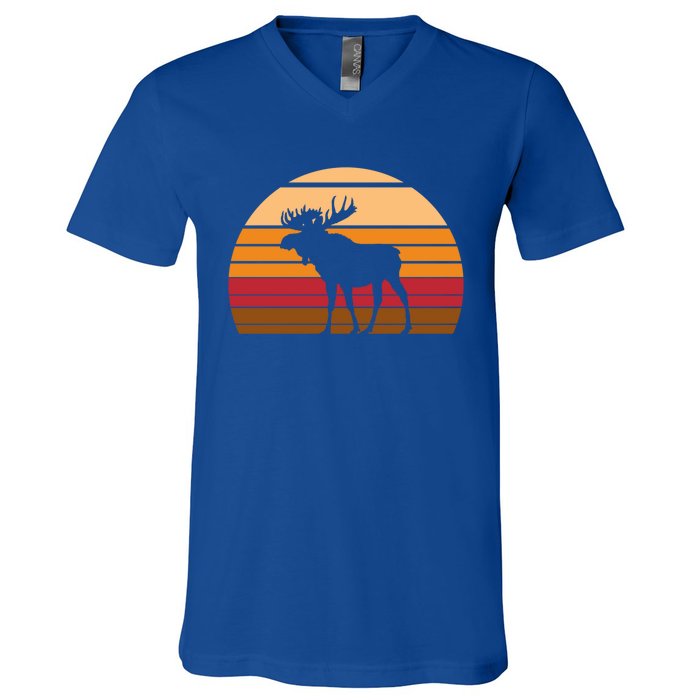 Retro Moose Gift Vintage Sunset Animal V-Neck T-Shirt