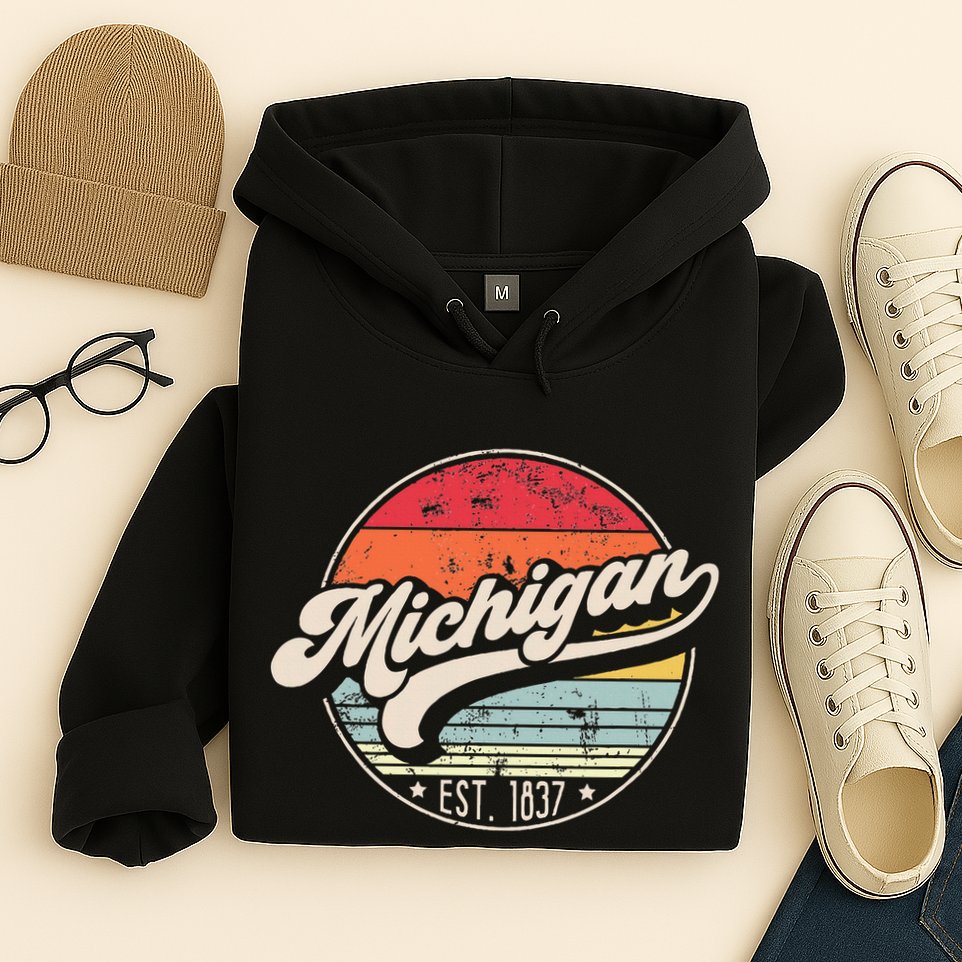 Retro Michigan Home State Mi Cool 70s Style Sunset Hoodie